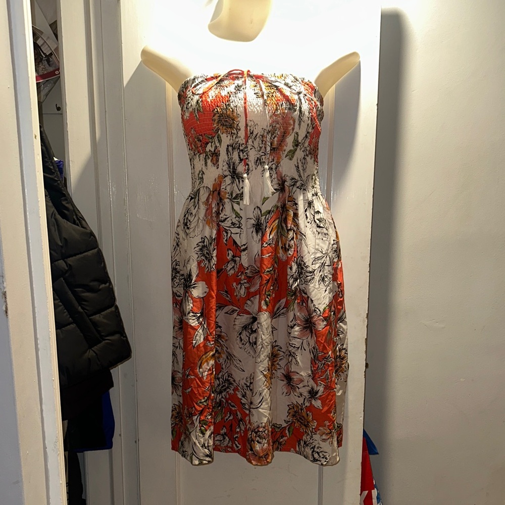 Elegant Strapless Floral Dress - orange and White